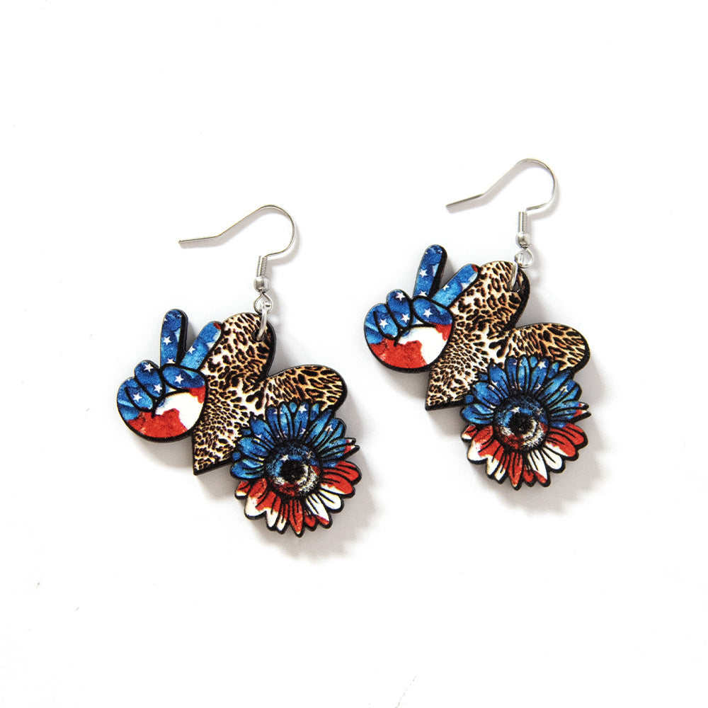 Wholesale Love Leopard Pattern Star Stripe Sunflowers Victory Independence Day Double Sided Wooden Earrings
